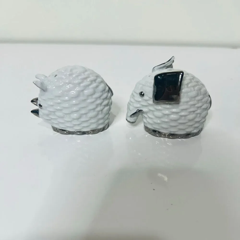 Gucci Vintage Twin White Silver Ceramic Salt Pepper Shakers Elephant Rhinoceros